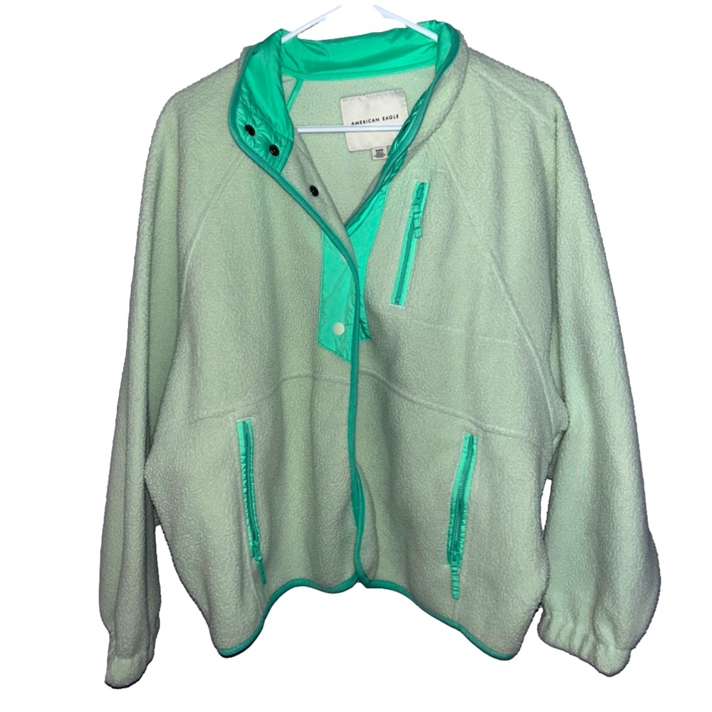 American Eagle Outfitters Mint Green Fleece Jacket with Teal Trim